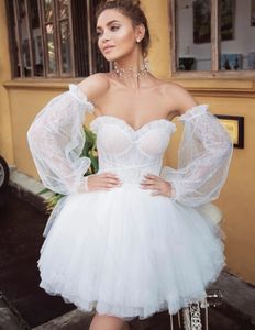 2024 meistverkauftes herzförmiges Hochzeitskleid, kurzes Mini-Sommer-Strand-Brautkleid, Spitze, Party-Tüll mit abnehmbaren Puffärmeln, Vestidos de Novia