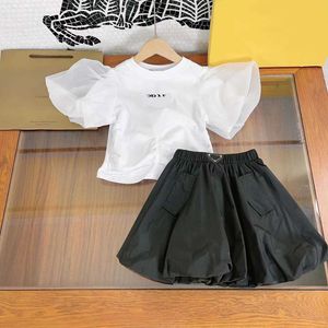 23ss skirt set kids designer clothes kid sets girls Round neck Pure cotton logo print Translucent gauze bubble sleeves T-shirt Shaggy Half skirt suit baby clothes