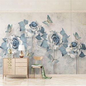 Custom Any Size Wallpaper 3d Elegant Flower Butterfly Light Blue Living Room Bedroom Background Wall Decoration Wallpaper279J