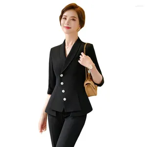 Kvinnors tvådelade byxor Ladies Office Professional Business Blazers kostymer med 2 inställda blyerts och jackor Coat Spring Summer Half Sleeve
