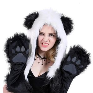 Hats Scarves Sets Panda Winter Novelty Faux Fur Hoods Animal Hat Scarf Gloves 3 in1 Fleece Hooded Plush Warm Earmuff Cap 231121