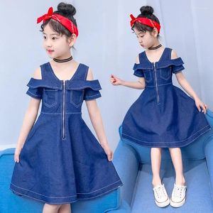 Kız Elbiseler Çocuklar Denim Elbise Kızlar İçin Yaz Giysileri Günlük Kolsuz Ruffles Jean Baby Çocuklar Sevimli Katı Kıyafetler Vestidos 4-12 Y