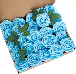 Decorative Flowers 25pcs Artificial Flower Rose Floral Heads With Stem Fake Plants And Greenery DIY Wedding Bouquets Gift Blue