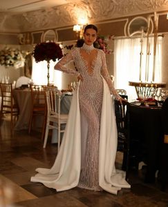 Luxury Mermaid Wedding Dresses Long Sleeves V Neck Halter Appliques Sequins Diamonds Satin Detachable Train Floor Length Bridal Gowns Custom Made abiti da sposa