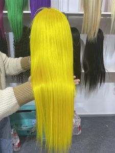 Parrucche preconfezionate Parrucca anteriore in pizzo di colore giallo con capelli umani birmani lisci serici, attaccatura dei capelli prepizzicata