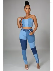 Women's Two Piece Pants 2 Jeans Set Sexy Strapless Tube Top Denim Retro Wide Leg Patchwork Casual High Street Outfit