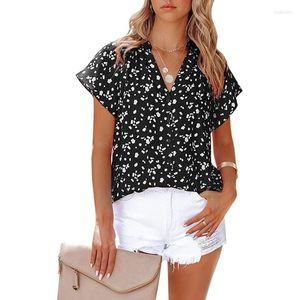 Women's Blouses Casual Button Shirts 2023 Tops Summer Women's Shirt Fashion Loose Short Sleeve Clothing V-Neck Chiffon Print 25053