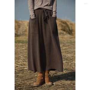 Skirts Autumn Winter Wool Skirt Women Loose And Thin Double Pocket A-Line Knitted One-Step Umbrella Long Dress Cashmere