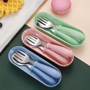 Dinnerware Sets 3pcs Children Spoon Forks Box Kids Stainless Steel Cutlery Portable Baby Feeding Utensils Spoons Tableware Set