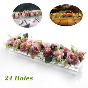 Planters POTS 24 Holes Clear Acrylic Flower Vase Rectangular for Dining Table Wedding Decoration Rose Present Box With Light Desktop Home Decor 230422