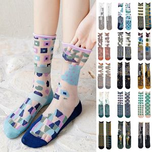 Frauen Socken Sommer Dünne Baumwolle Transparente Seide Koreanischen Stil Hohe Lange Frau Lustige Japanische Mode Niedlichen Cartoon Print Harajuku