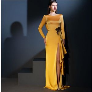 Elegantes Temperament-Abschlussballkleid mit V-Ausschnitt und geteiltem Abschlusskleid, gelb, volle Ärmel, trendiges Party-langes, wunderschönes Abendkleid