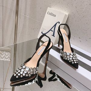 AQUAZZURA crystal-embellished 105mm Maxi-Tequila Slingback pumps suede Stiletto high heels women's Sandals luxury Evening Banquet Party shoes factory footwear