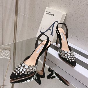 AQUAZZURA embelezado com cristal 105mm Maxi-Tequila Slingback bombas camurça Stiletto salto alto Sandálias femininas de luxo para banquete noturno sapatos de festa calçados de fábrica