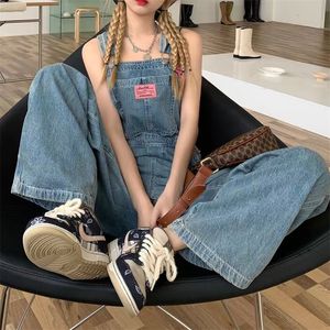 Kobiety Jumpsuits Rompers Summer Women's Denim Dżinsowe dżinsy Błękitne proste szerokie nogi Koreański styl uliczny luźne dżinsowe kombinezony w talii kobiety 230422