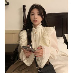 Bluzki damskie moda koreańska biała bluzka kobiet blusas stojak kołnierzyka szyfon koszule długie rękawy vintage eleganckie topy femme e959