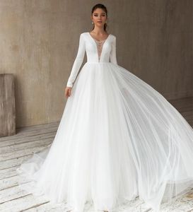 Elegant Long Tulle Beaded Wedding Dresses With Pockets A-Line Double V-Neck Ivory Sweep Train Bridal Gown Open Back Vestido de novia Women Dresses