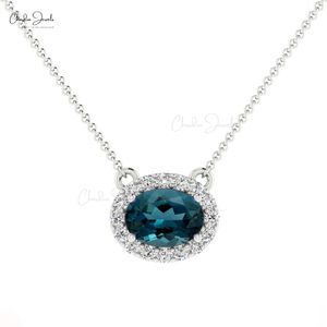 Kadın Zarif solitaire London Blue Topaz 14K Katı Altın Elmas Halo Kolye Kadınlar Güzel Takı Toptancı Hindistan