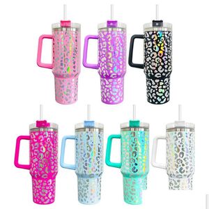 Tumblers 40oz ombre -gradient Shimmer Holographic Leopard Glitter Mugs Blank SubliMation Tumbler With Handle and St Fy5918 Drop Deliver Dh4C1