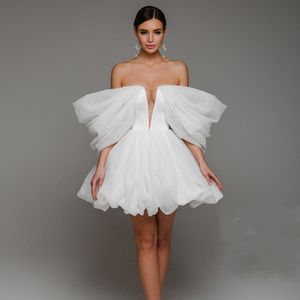 Сексуальные 2023 Глубокий V-образный выпускной платье белое белое с плеча мини-вечерние платья элегантные органза Женские обручальные платья для вечеринок Robe de Soire