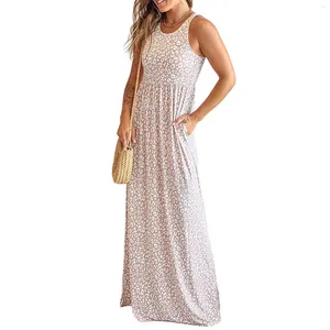 Vestidos casuais feminino leopardo bolso sem mangas sino boca redonda para verão sundresses mulheres midi comprimento