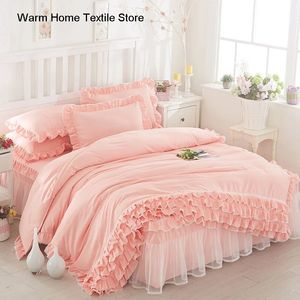 Conjuntos de cama Coreano Princesa Duveta Capa 4 Peça Set Cor Sólida Ruffles Lace Quilt e Fronha para Menina Mulher Romântica Colcha 231122