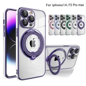 Plätering av transparent telefonfodral för Magsafe för iPhone 15 14 Pro Max 11 12 13 Promax 14Plus Magnetic Stand Camera Protector Soft Cover