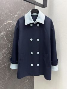 Women's Trench Coats Vintage Fashion Color Contrast With Navy Blue Coat Autumn And Winter 202311