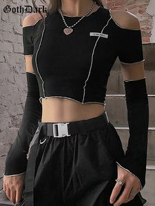 Koszulka damska Goth Dark E-Girl Style Patchwork Black T-shirts Gothic Otwarty Rękaw ramię Y2K Crop Tops Ruffles Hem Hip Hop Techwear Women Tee 230422