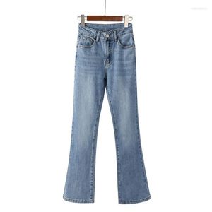 Kvinnors jeans mode gata bär klocka botten kvinna denim hög midja smala blossade byxor kvinnor koreansk himmel blå bomull mager jean byxor