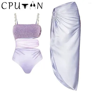 Женский купальник CPUTAN 2023, сексуальный 3D цветок с жемчугом и вырезом на плече, блестящая текстура, цельный купальник, юбка, комплект бикини, пляжное платье