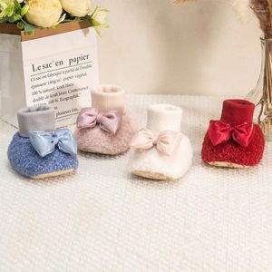 First Walkers Baby Steps Walking Shoes Socks Plush Thickened Warm With Bow Boys And Girls Winter Autumn Footwear Kids Accessories