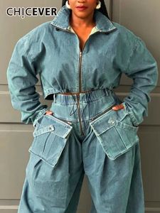 Kvinnors päls faux chicever streetwear vintage denimrockar för kvinnor står krage långärmad lapptäcke dragkedja hösten casual lös jackor kvinnlig 231121