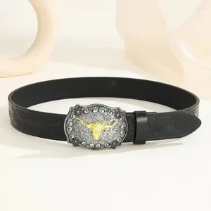 Belts Western PU Leathers Cowboy Buckle Belt For Men And Women Jeans Engraved Floral Metal Bull