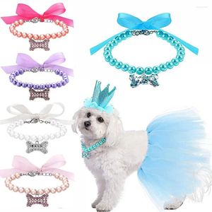 Dog Collars Cute Cat Accessories Small Pet Bow Collar Kitten Tie Pearl Necklace Bone Pendant