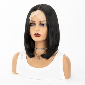 Peruk kvinna svart kort rakt hår mittdelat bobo våghuvud hög temperatur silke kemisk fiber hår främre spetshuva