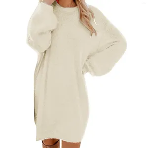 Suéter feminino peludo pulôver suéter vestido escritório senhora solto ajuste lanterna manga longa oversized solo sexy mini