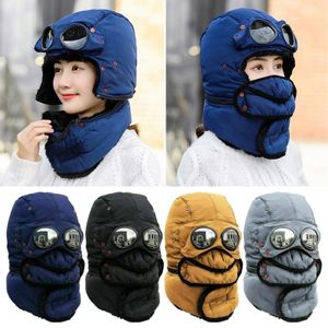 Wide Brim Hats Bucket Winter Bomber Hat with Glasses Masks Windproof Hood Russian Warm Earflap Trapper Adult Balaclava Ski Caps 231121