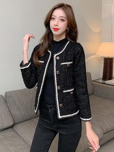 Kvinnors jackor högkvalitativa temperament svart tweed kvinnor jacka franska vintage enkelbröst ull korta kappa eleganta damer ytterkläder