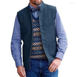 Men's Vests Men Vest Navy Blue Herringbone Stand Collar Wedding Tweed Male Gentleman Business Waistcoat For Banquet Set