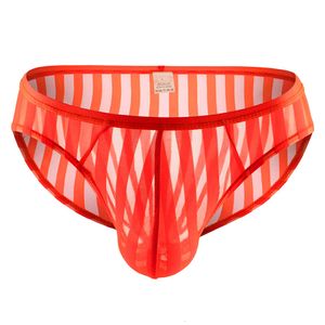 Cuecas listradas sexy masculinas ver através de roupa interior transparente malha respirável biquíni u convexo bulge bolsa calcinha