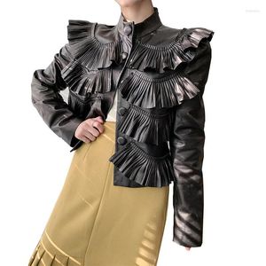 Women's Leather 2023Leather Jacket Fashion Ruffle Real Sheepskin Jackets Women Spring Autumn Korean Simple Short Coat Female Cuero Genui