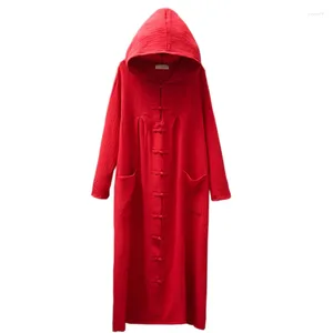 Women's Trench Coats National Wind Retro Button Cotton And Linen Windbreaker Hooded Jacket Long Paragraph Witch Cloak Robe