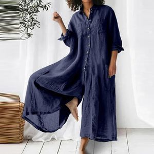 Women's Jumpsuits Rompers Spring Button Lapel Shirts Long Sleeve Jumpsuit Women Retro Solid Loose Cotton Playsuit Summer High Waist Wide Leg Pants Overall 230422