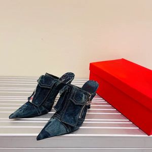 بغل الدنيم عالي الكعب Slippers Slides Sandetals Stilletto Heels 10cm Spike Toe Tee Luxury Luxury Leather Evening Party Shoes Factory Size 35-41