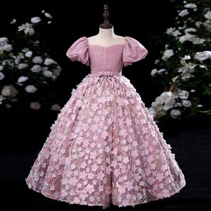 Spitzen Applikationen Blumenmädchen Kleid Hochzeit neue Teenager Kinder Prinzessin Party Lange Abschluss Babykinder Kleider für Mädchen Ballkleid Brautjungfer Kleidung 403