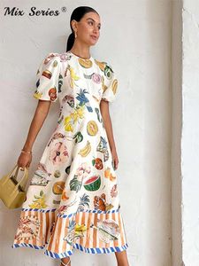 Frutas impresso puff manga midi vestido feminino verão o pescoço manga curta a linha vestidos feminino chique elegante vestido de férias