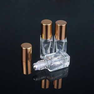 3ml frascos de perfume de óleo essencial rolo de vidro transparente quadrado em garrafa com tampa de ouro/prata rolo de aço inoxidável nhxcs