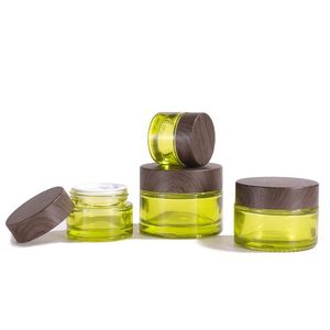 Barattoli cosmetici in vetro verde oliva Contenitori vuoti per campioni di trucco Bottiglia con coperchi in plastica a tenuta stagna con venature del legno Senza BPA per lozione, crema Tete