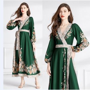 Paisley Floral Yeşil Partisi Keten Sargı Elbise Kadın Tasarımcı Lantern Sleeve V-Neck İnce Vintage Yay Belted Maxi Elbiseler Robe 2023 Bahar Sonbahar Pist Tatil Frocks